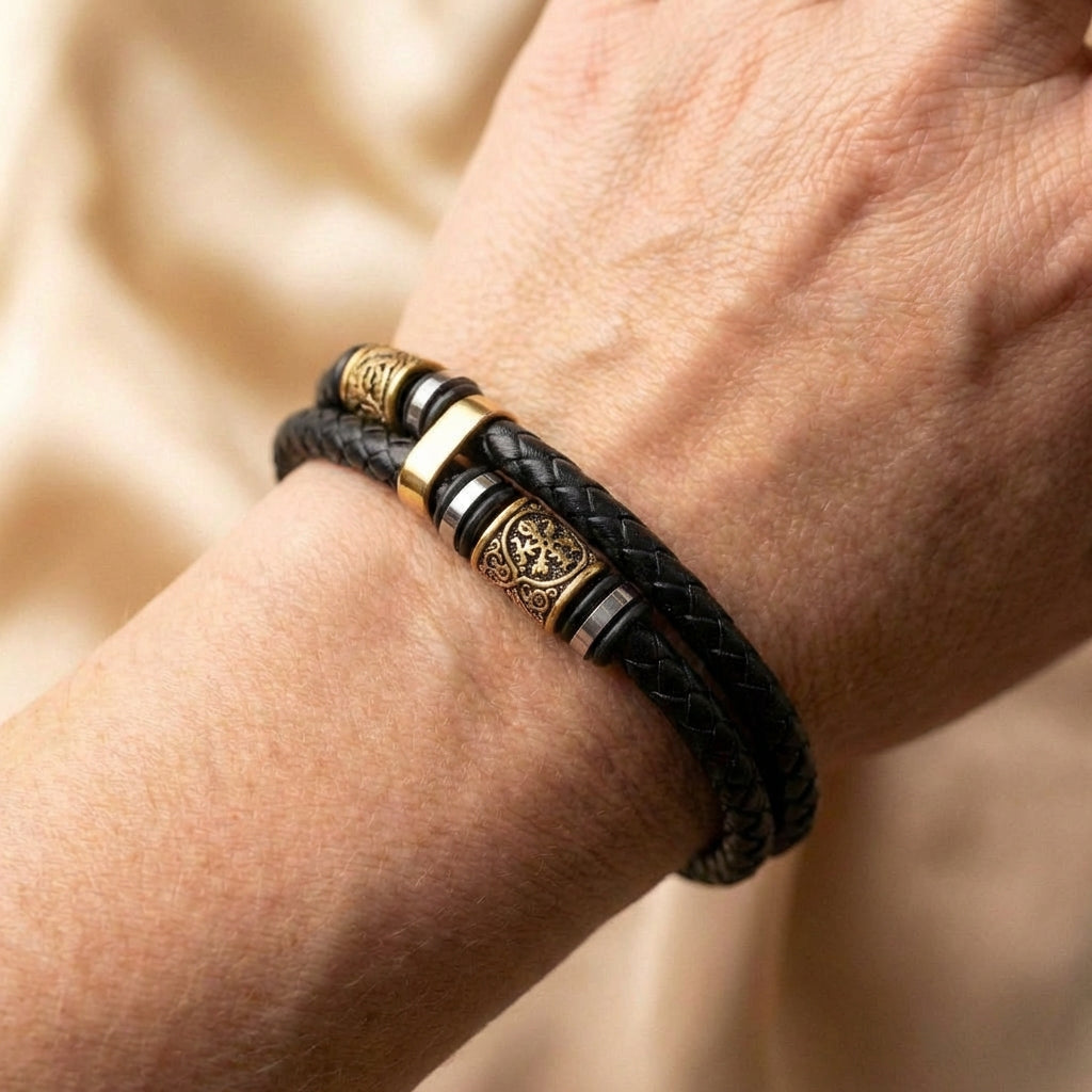 Black Woven Leather & Gold Charm Bracelet