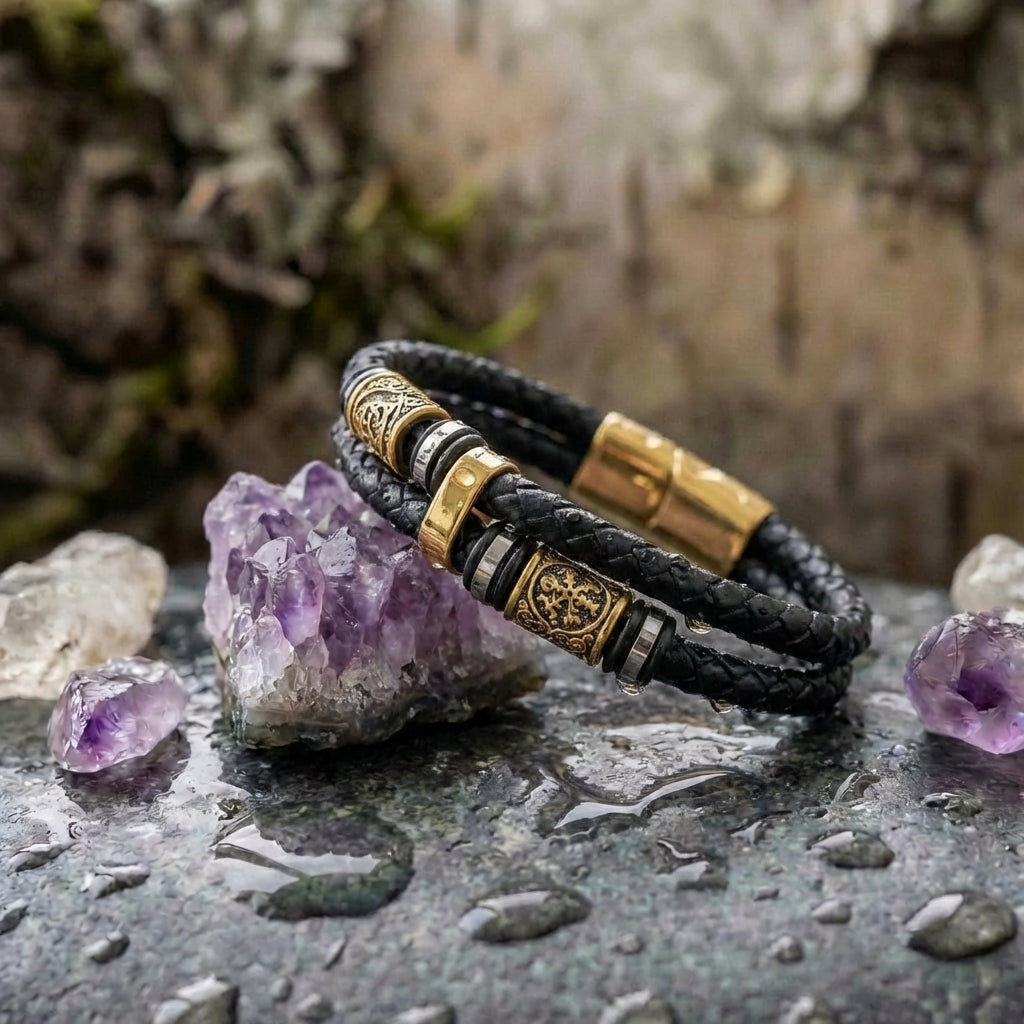 Black Woven Leather & Gold Charm Bracelet