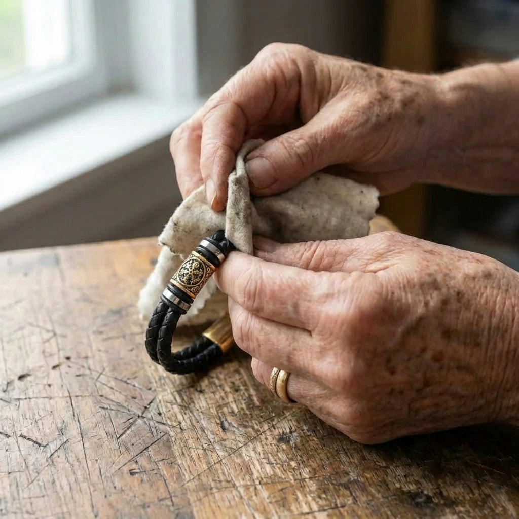 Black Woven Leather & Gold Charm Bracelet