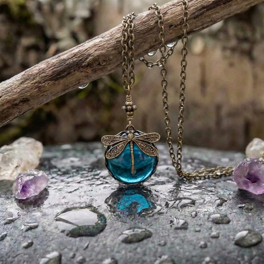 A Blue Crystal Dragonfly Necklace In Antique Gold