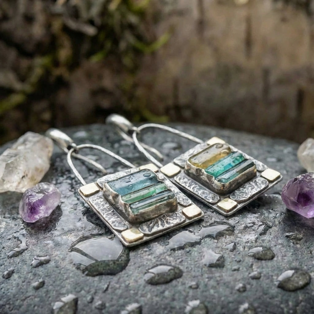 Blue Green Crystal Earrings