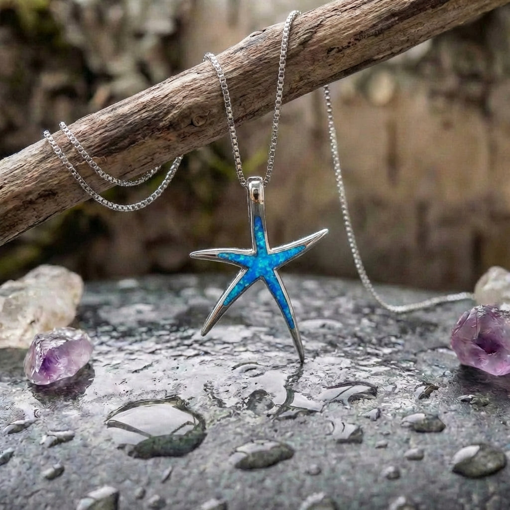 Blue Opal And Silver Starfish Necklace