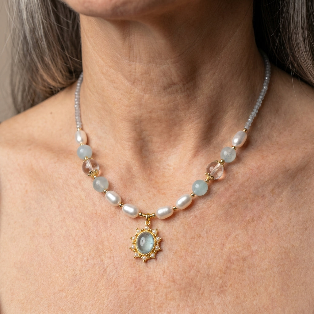 Blue Stone Zircon Freshwater Pearl Necklace