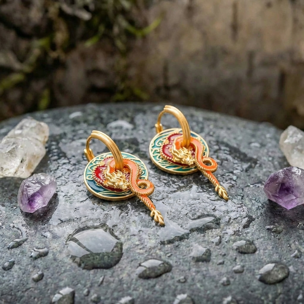 Classic Gold Colorful Dragon & Flame Design Earrings