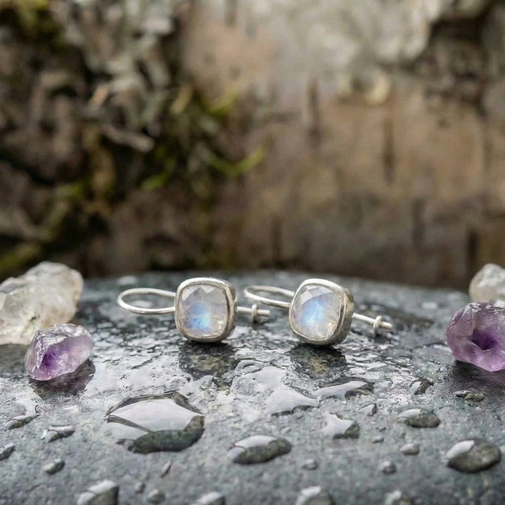 An Elegant Moonstone Square Drop Earring Set