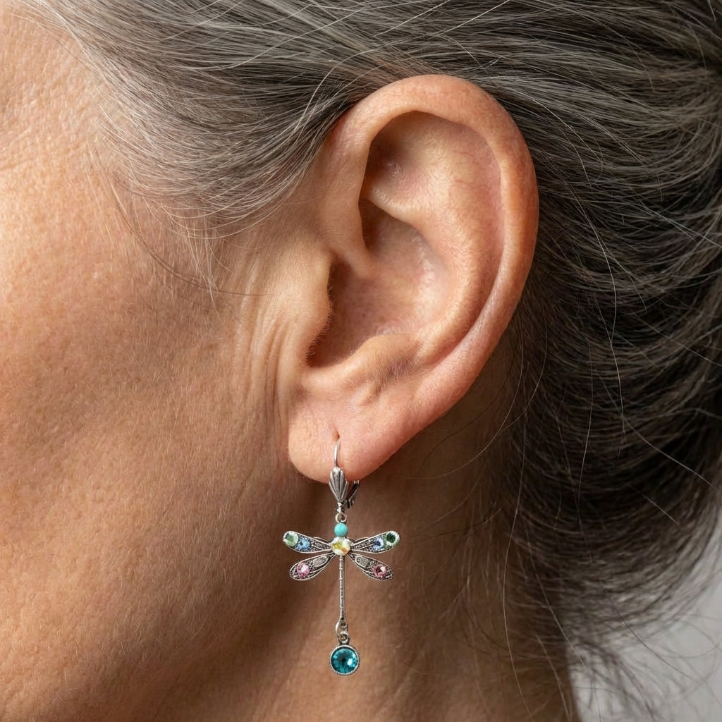 An Elegant Multicolor Crystal Dragonfly Drop Earring Set