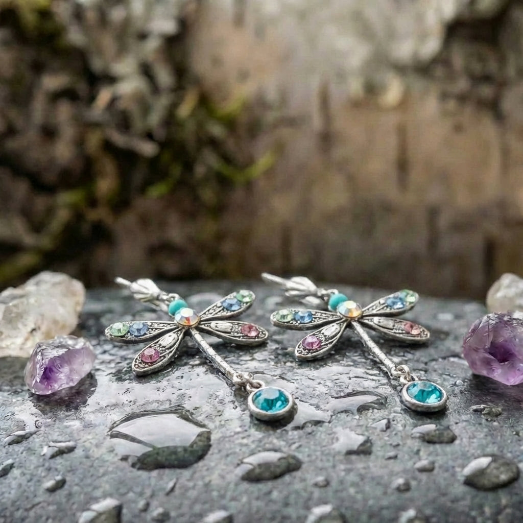 An Elegant Multicolor Crystal Dragonfly Drop Earring Set