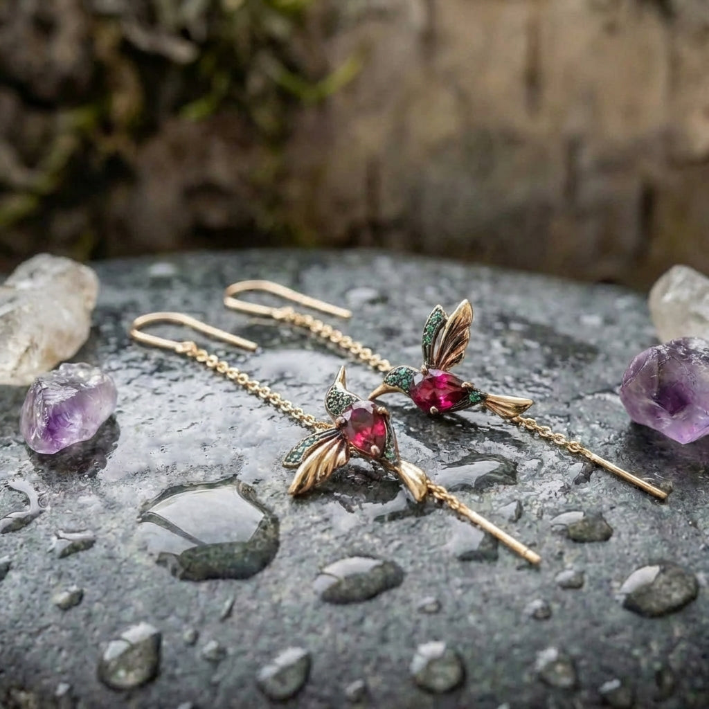 An Elegant Sparkling Rhinestone Hummingbird Dangle Earring Set