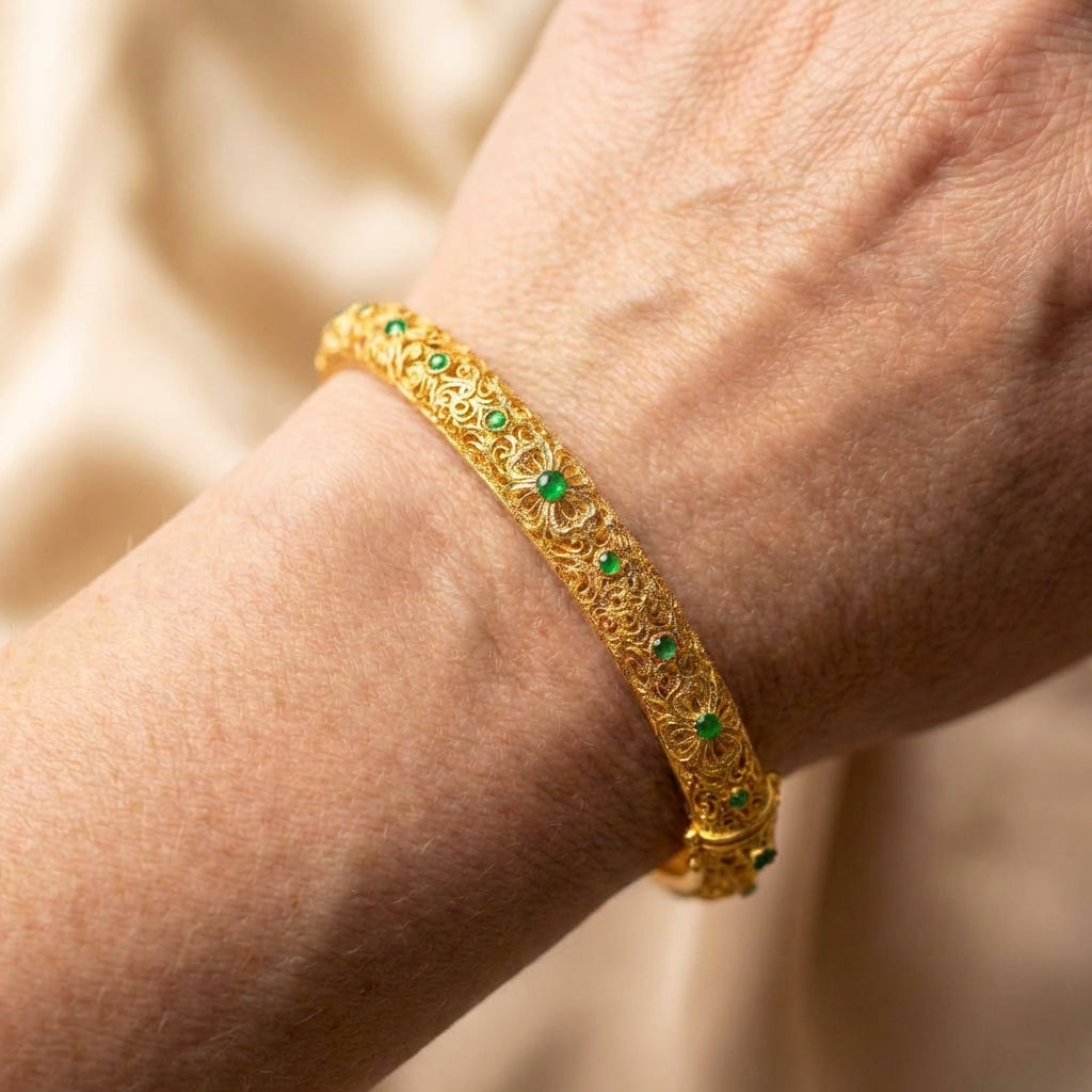 Ethnic Style Gold Green Gemstone & Floral Pattern Bangle Bracelet