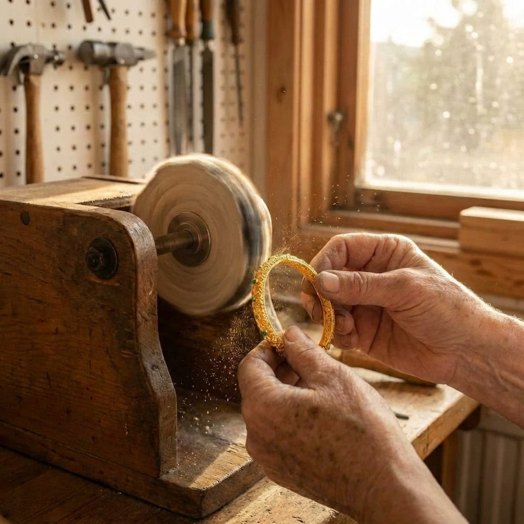 Ethnic Style Gold Green Gemstone & Floral Pattern Bangle Bracelet