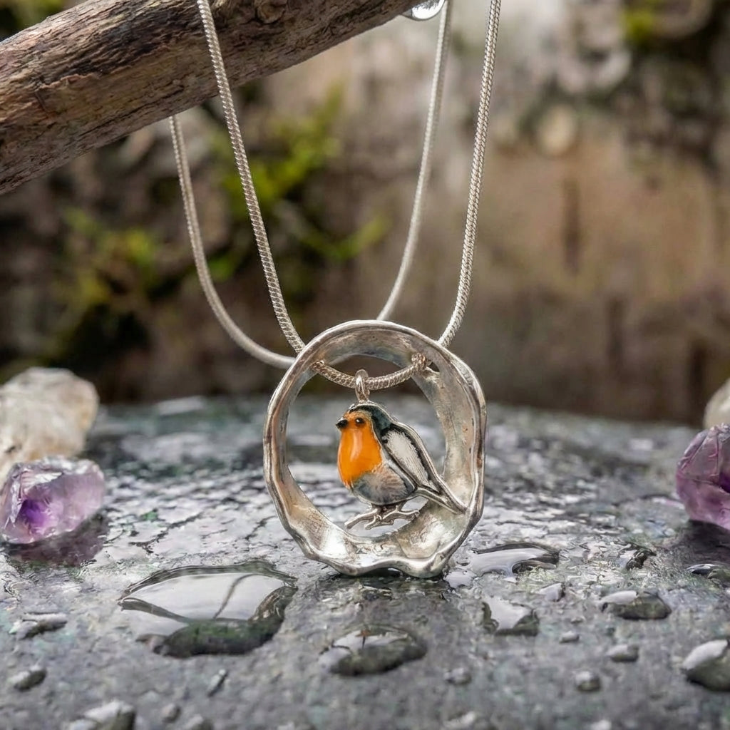 A Vintage Artisan Silver Robin Bird Charm Necklace