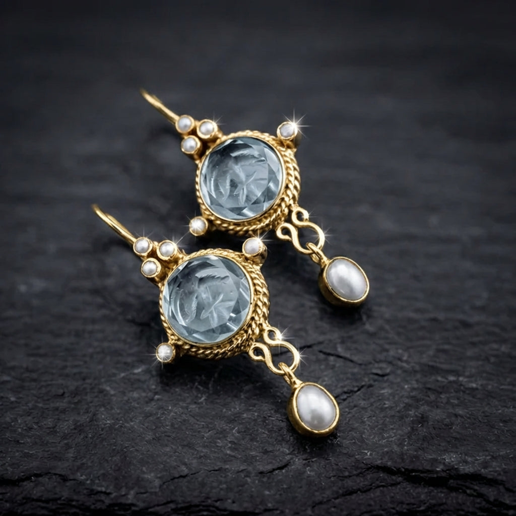 Vintage Blue Glass & Pearl Drop Earrings