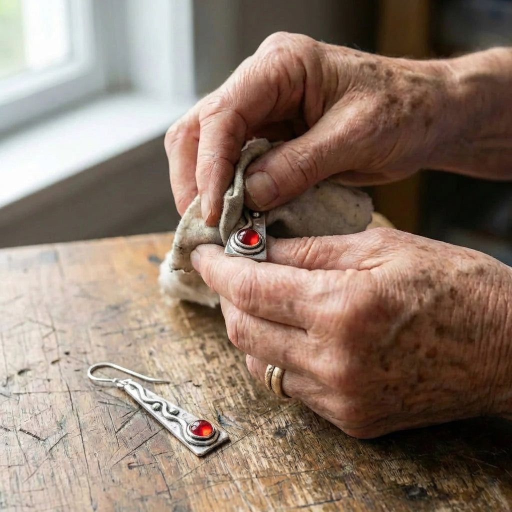 Artisan Silver Geometric Red Stone Earrings