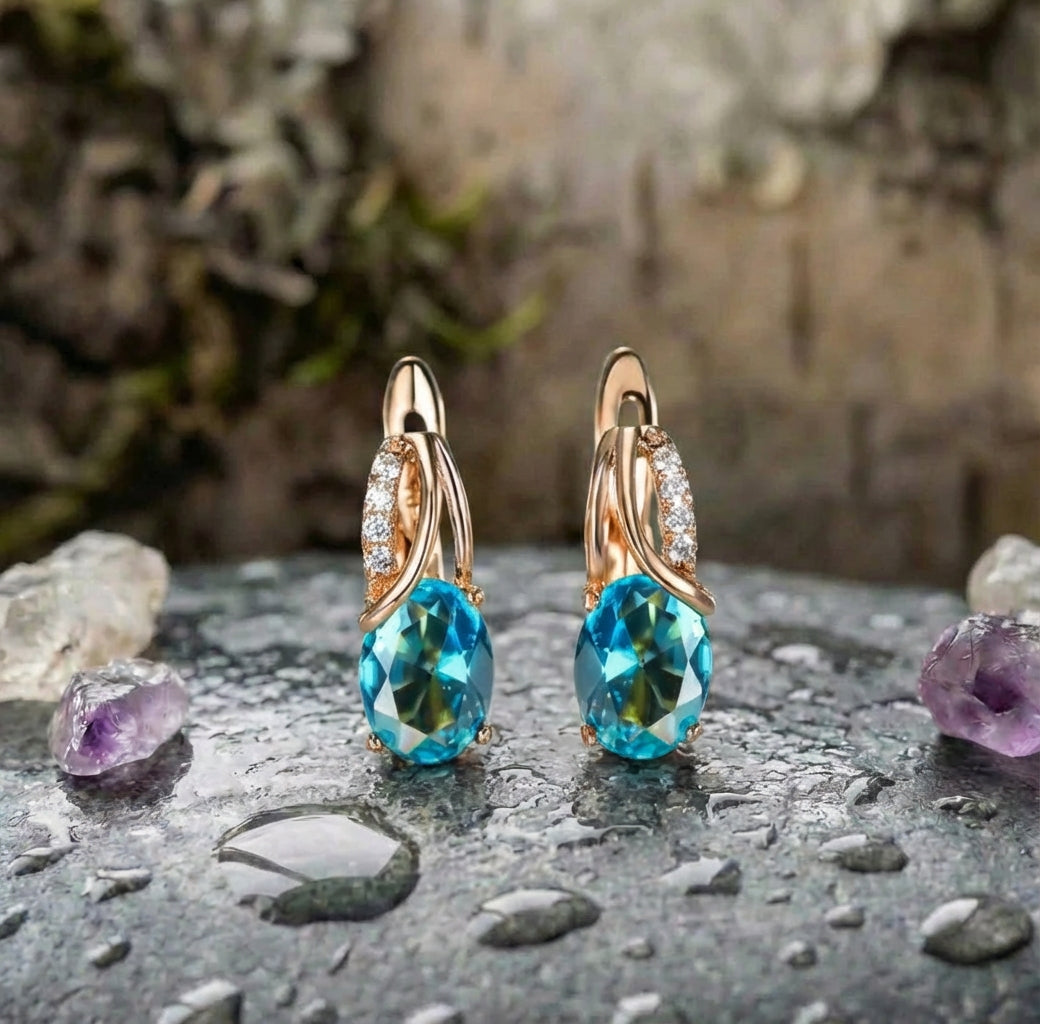 Aqua Blue Zircon Oval Stone Earrings