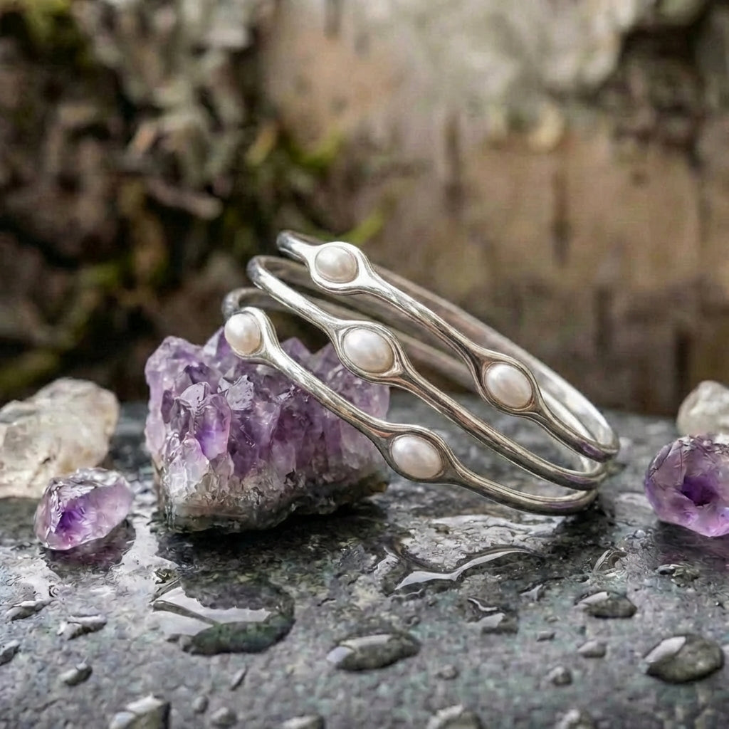 Vintage Layered Silver Pearl Bangle Bracelet