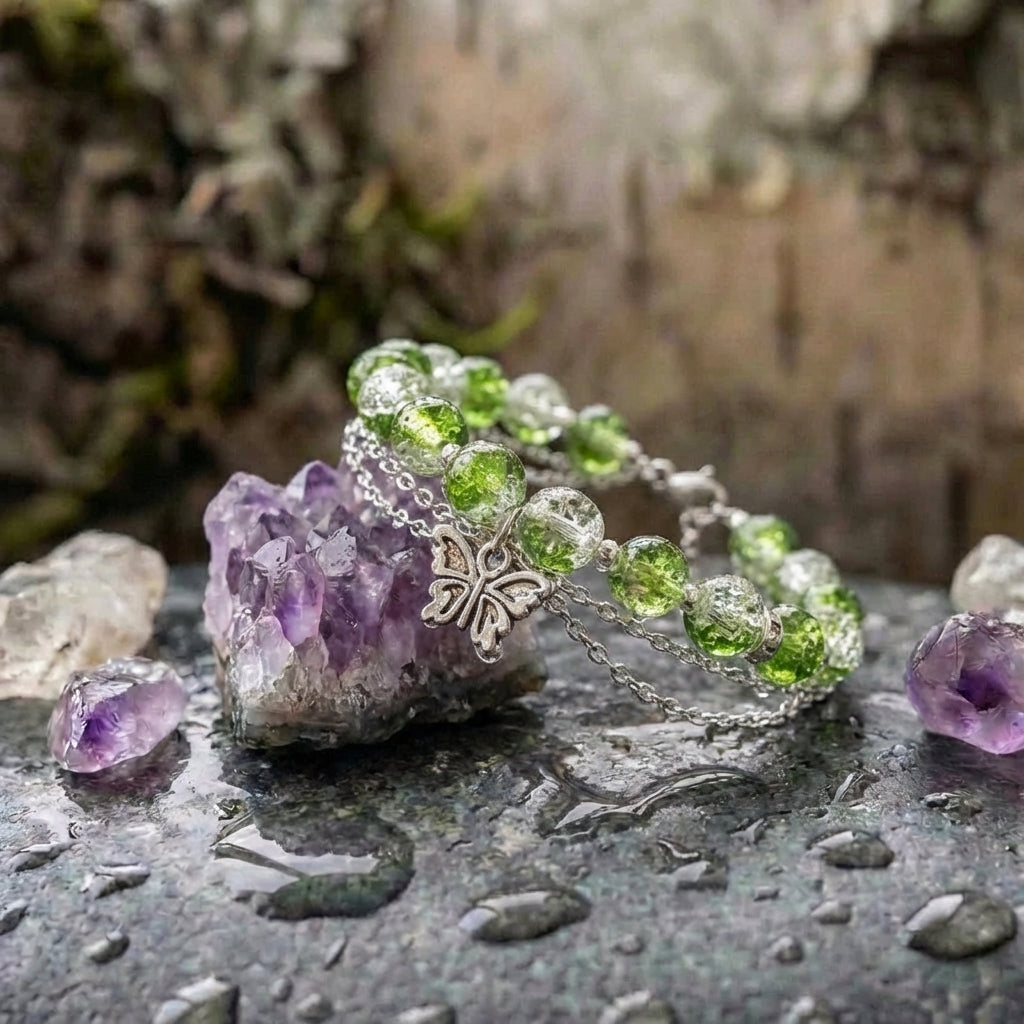 Vintage Silver Butterfly & Green Bead Bracelet