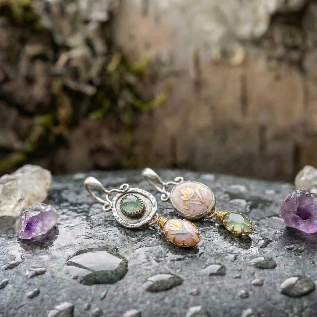 An Elegant Art Nouveau Inspired Gemstone & Enamel Earrings