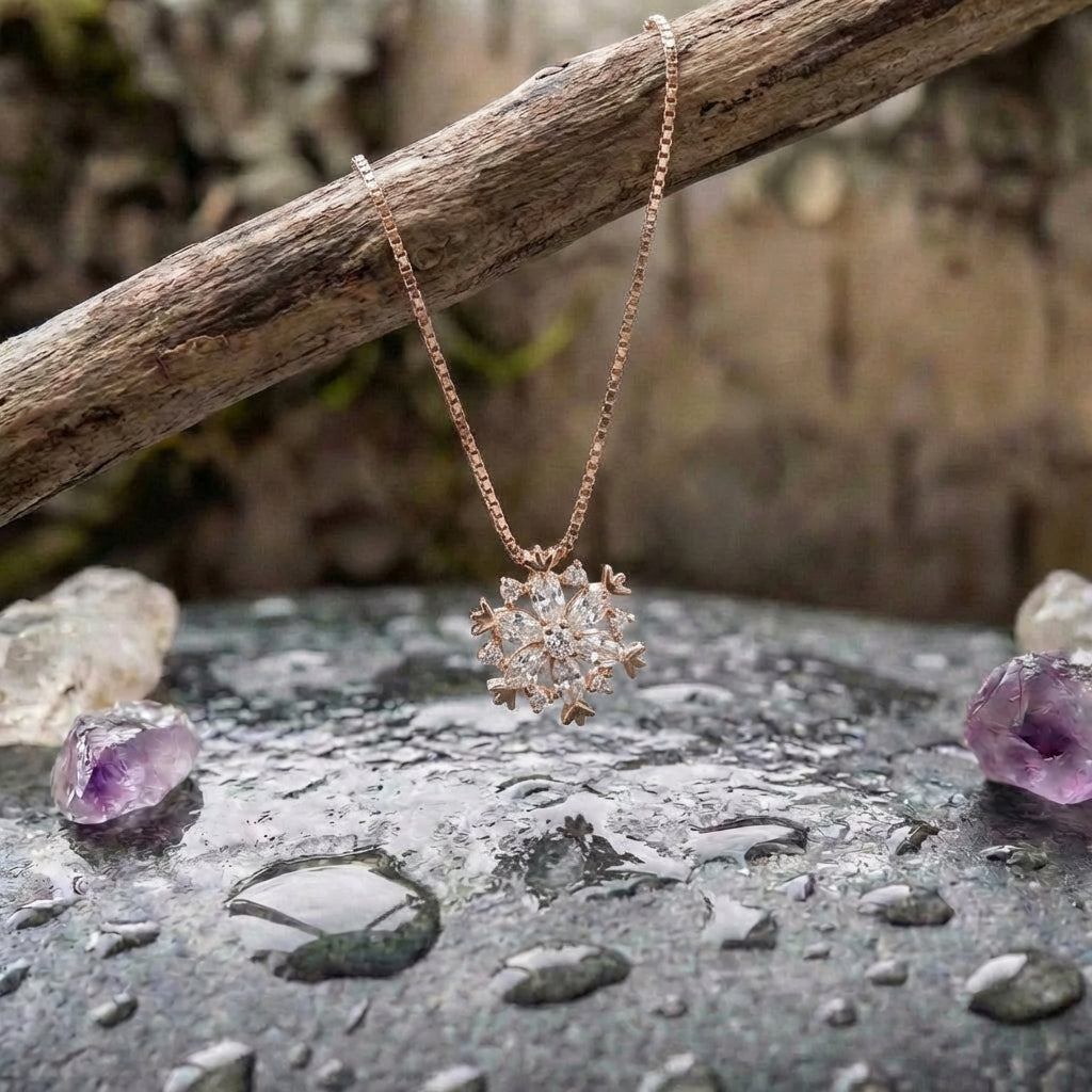 Glittering Snowflake Crystal Necklace In Gold And Silver