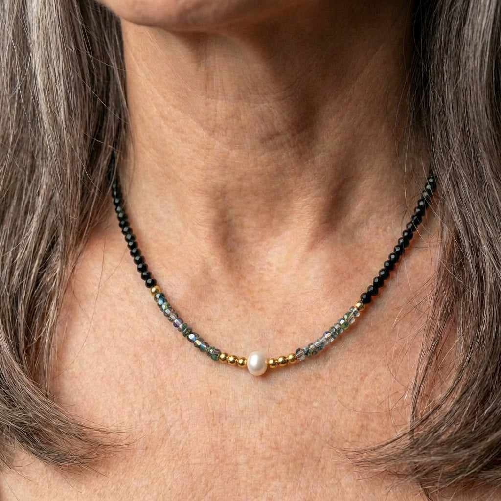 Gold & Pearl Black Bead Necklace