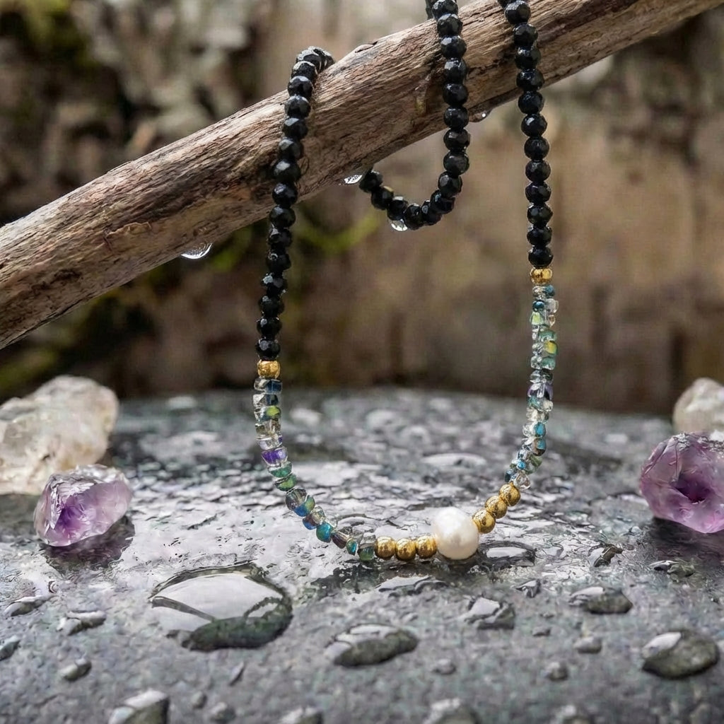 Gold & Pearl Black Bead Necklace