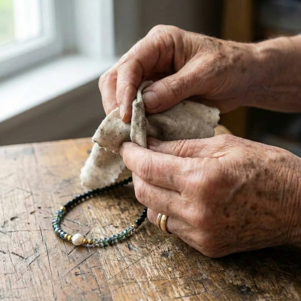 Gold & Pearl Black Bead Necklace