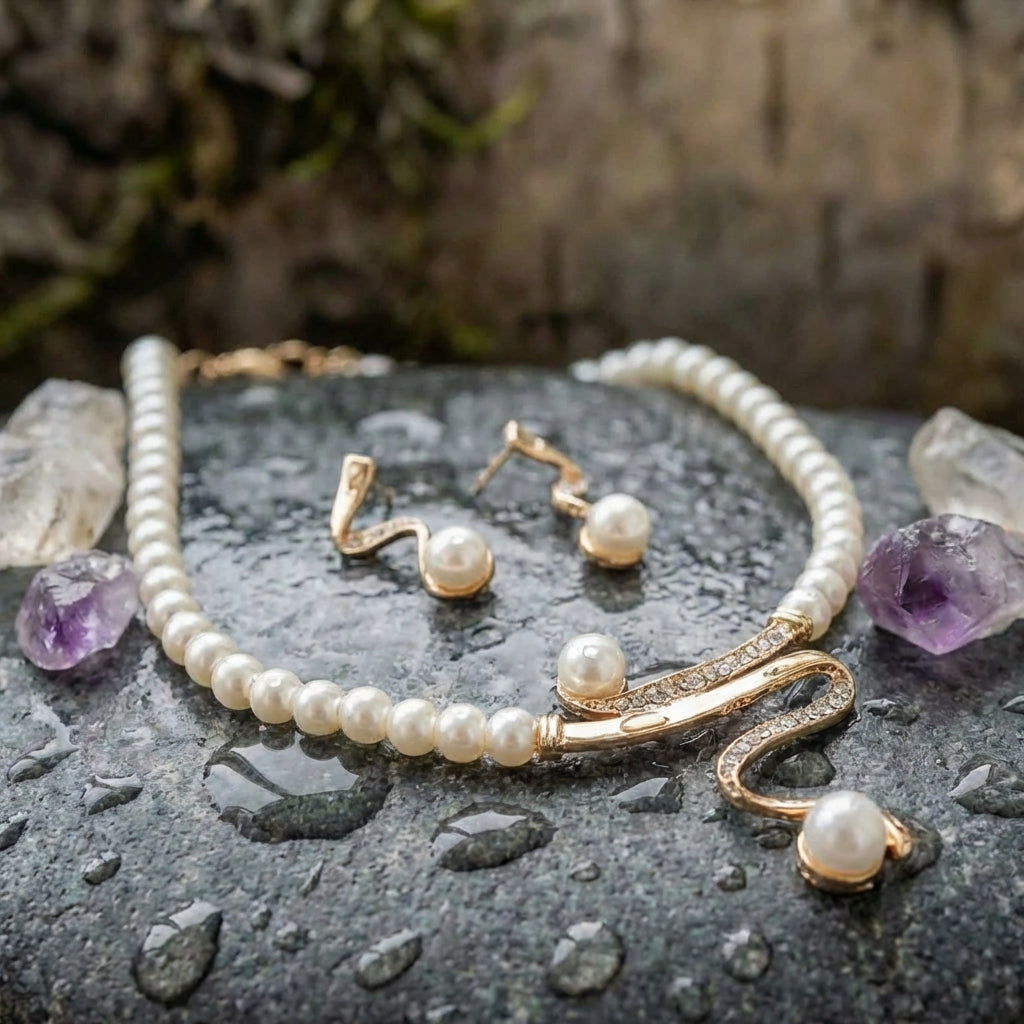 A Natural Pearl Necklace + Earrings Set