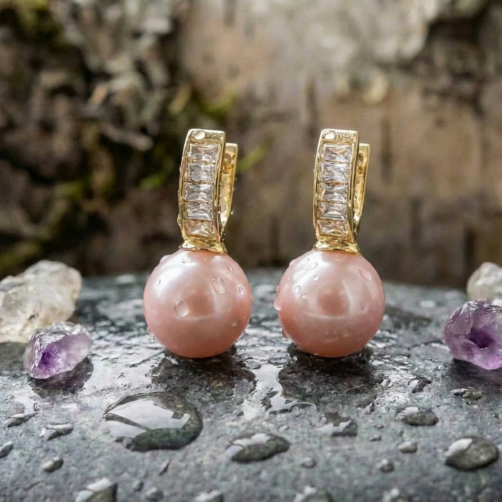 Pink Pearl Zirconia Gold Earrings