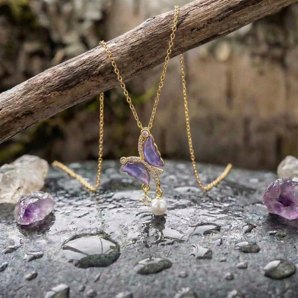 Purple Butterfly Zircon Pearl Necklace