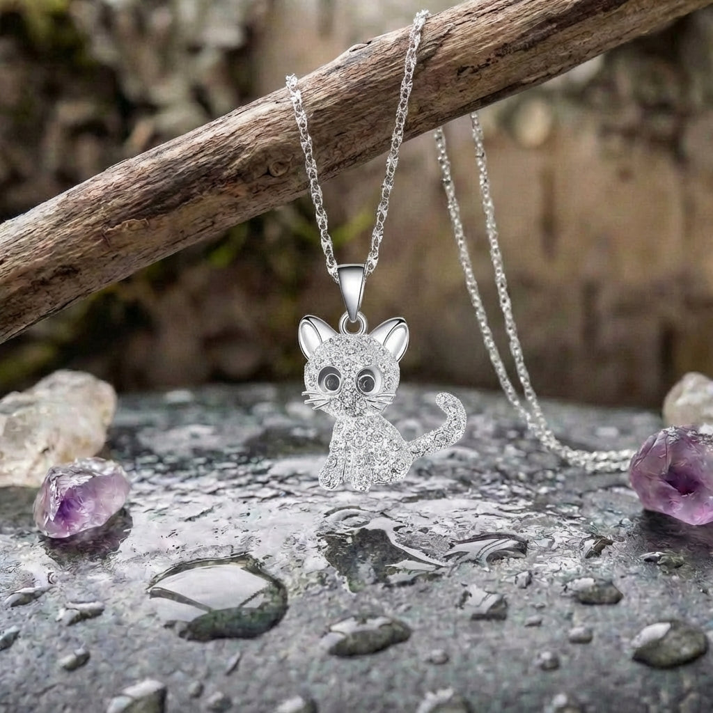 Silver Baby Kittens And Coloured Zirconia Necklace
