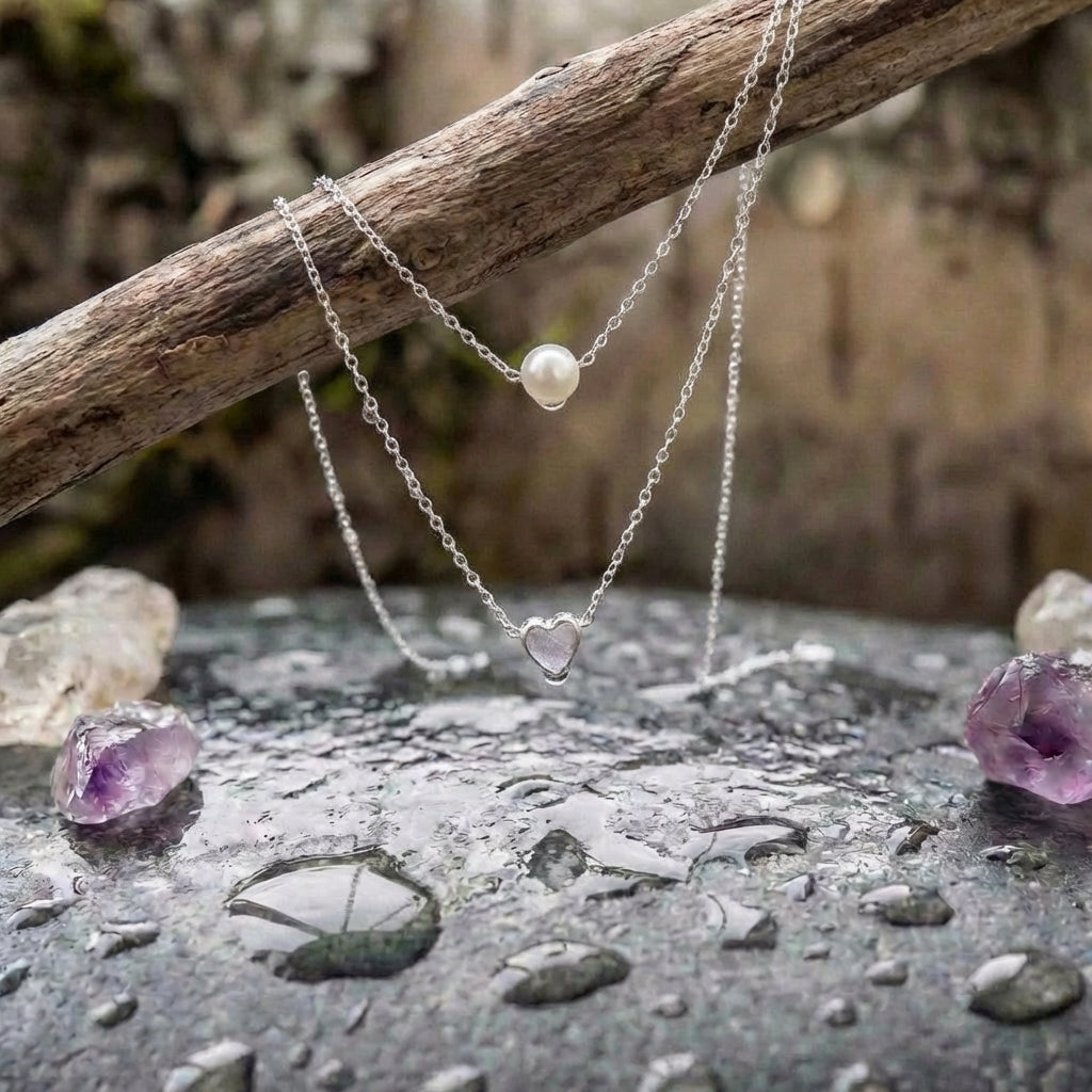 Silver Heart And Pearl Necklace