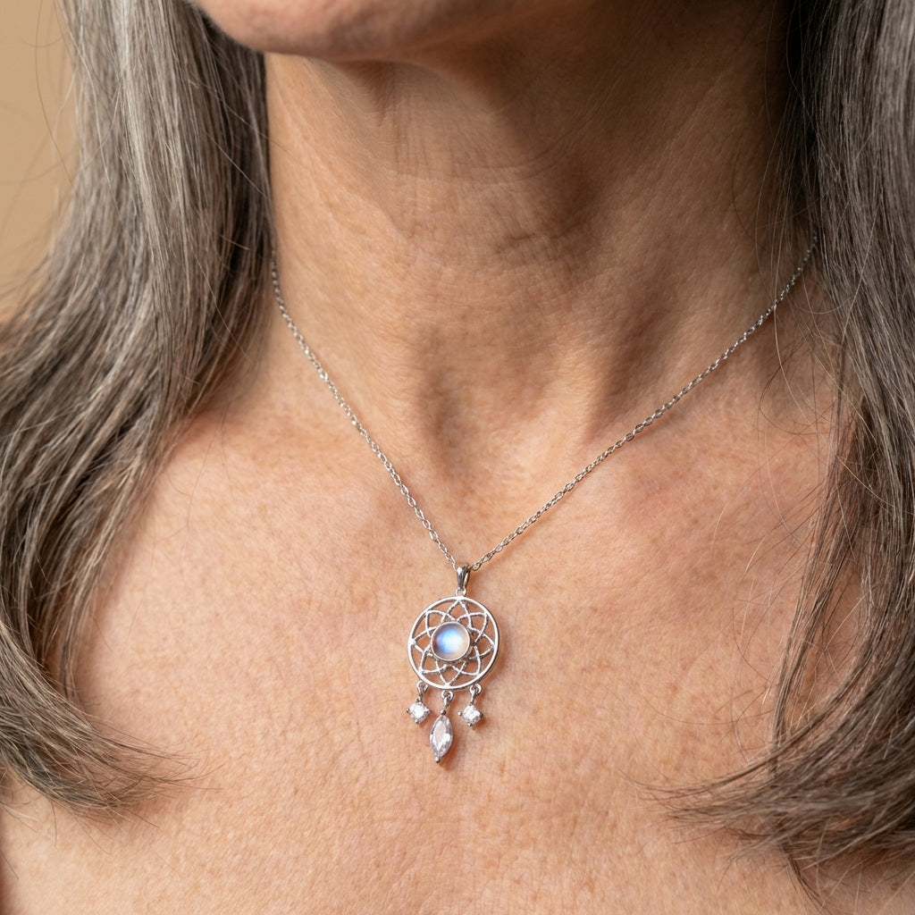 Silver Moon Crystal Dreamcatcher Necklace
