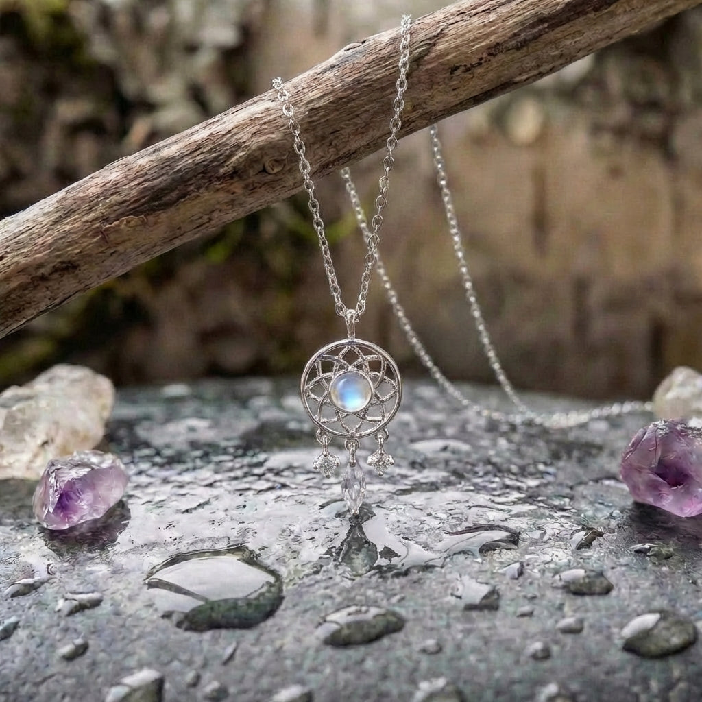 Silver Moon Crystal Dreamcatcher Necklace