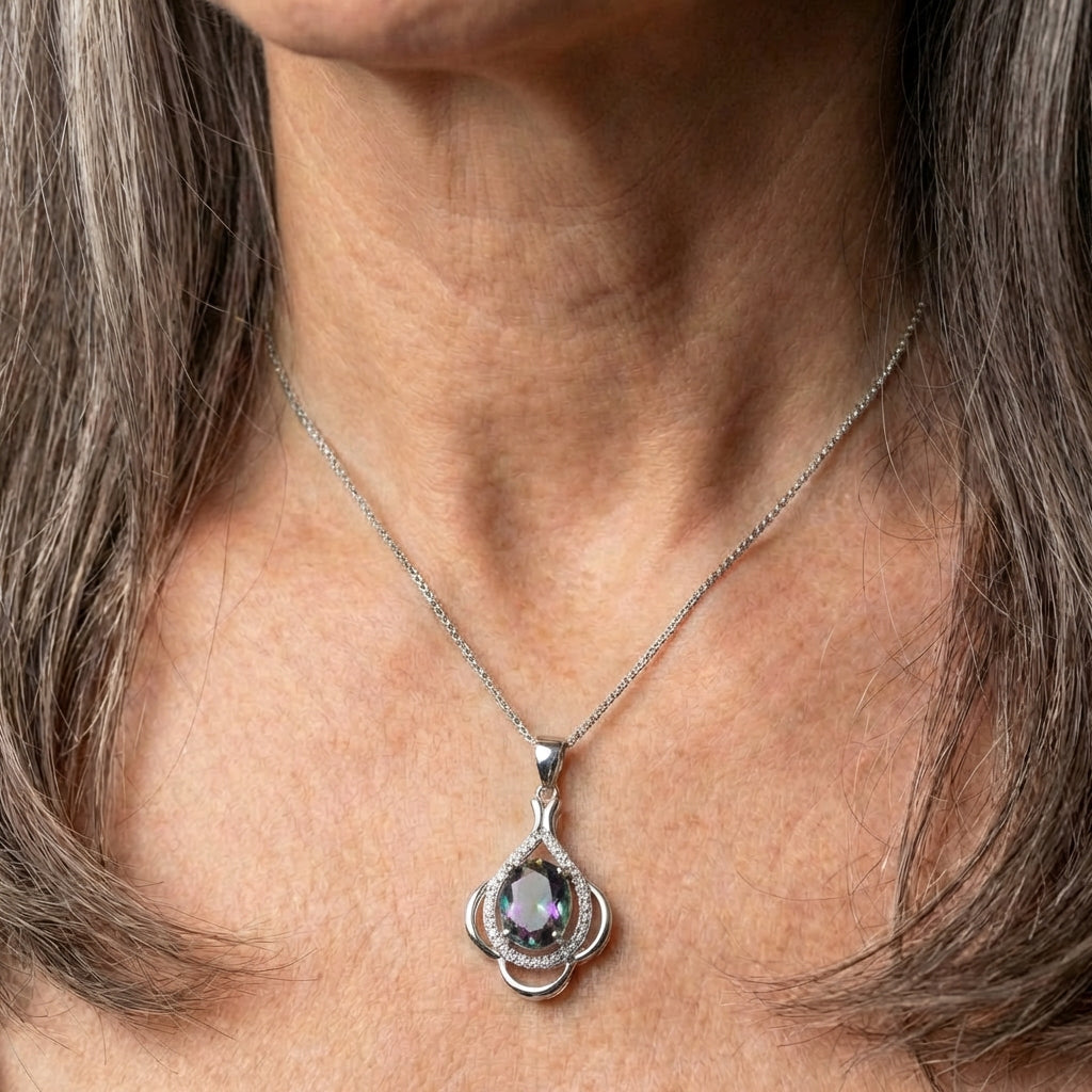 Silver Multicolor Gem Pendant Necklace