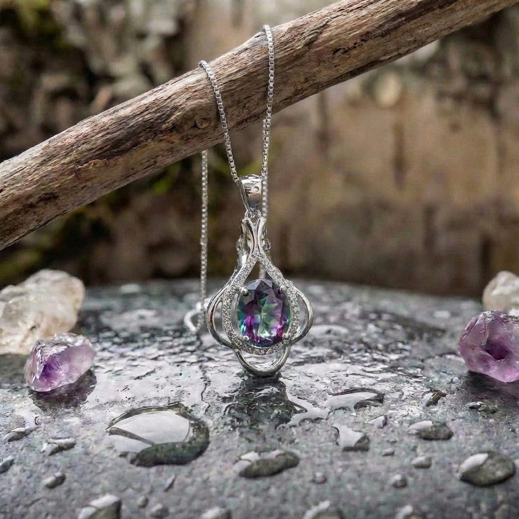 Silver Multicolor Gem Pendant Necklace