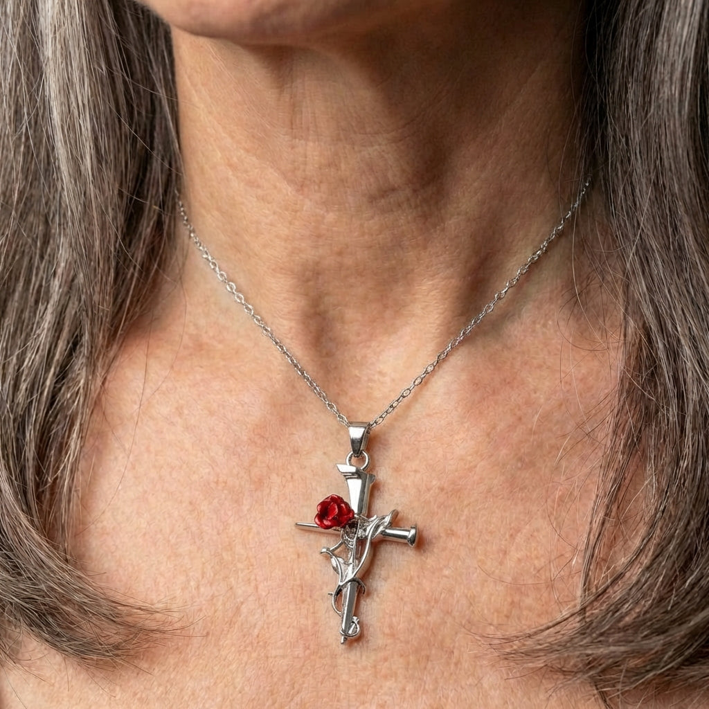 Silver Religious Cross & Rose Thorn Necklace