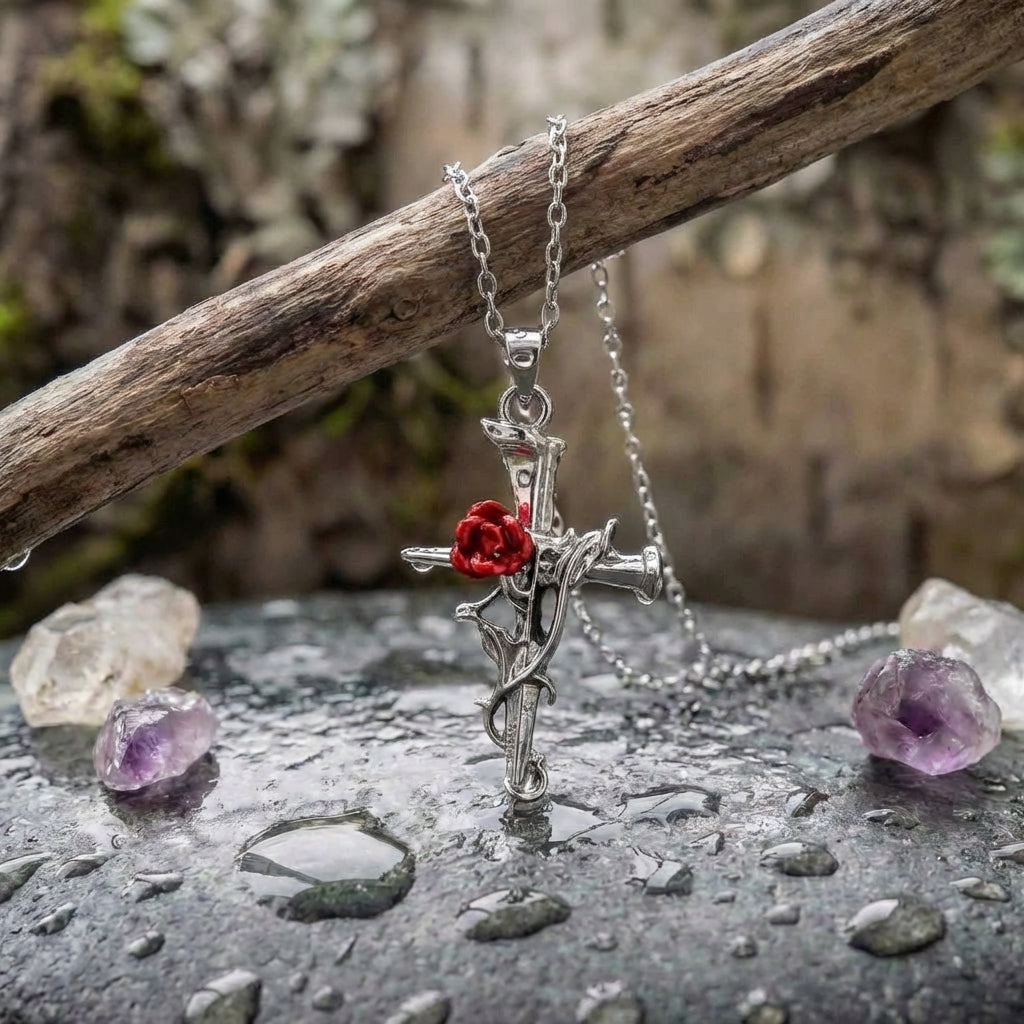 Silver Religious Cross & Rose Thorn Necklace