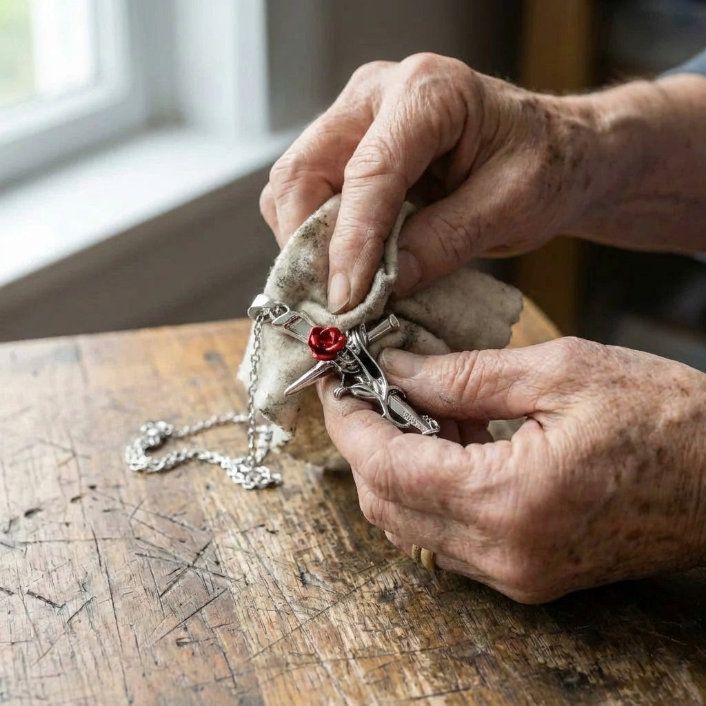 Silver Religious Cross & Rose Thorn Necklace