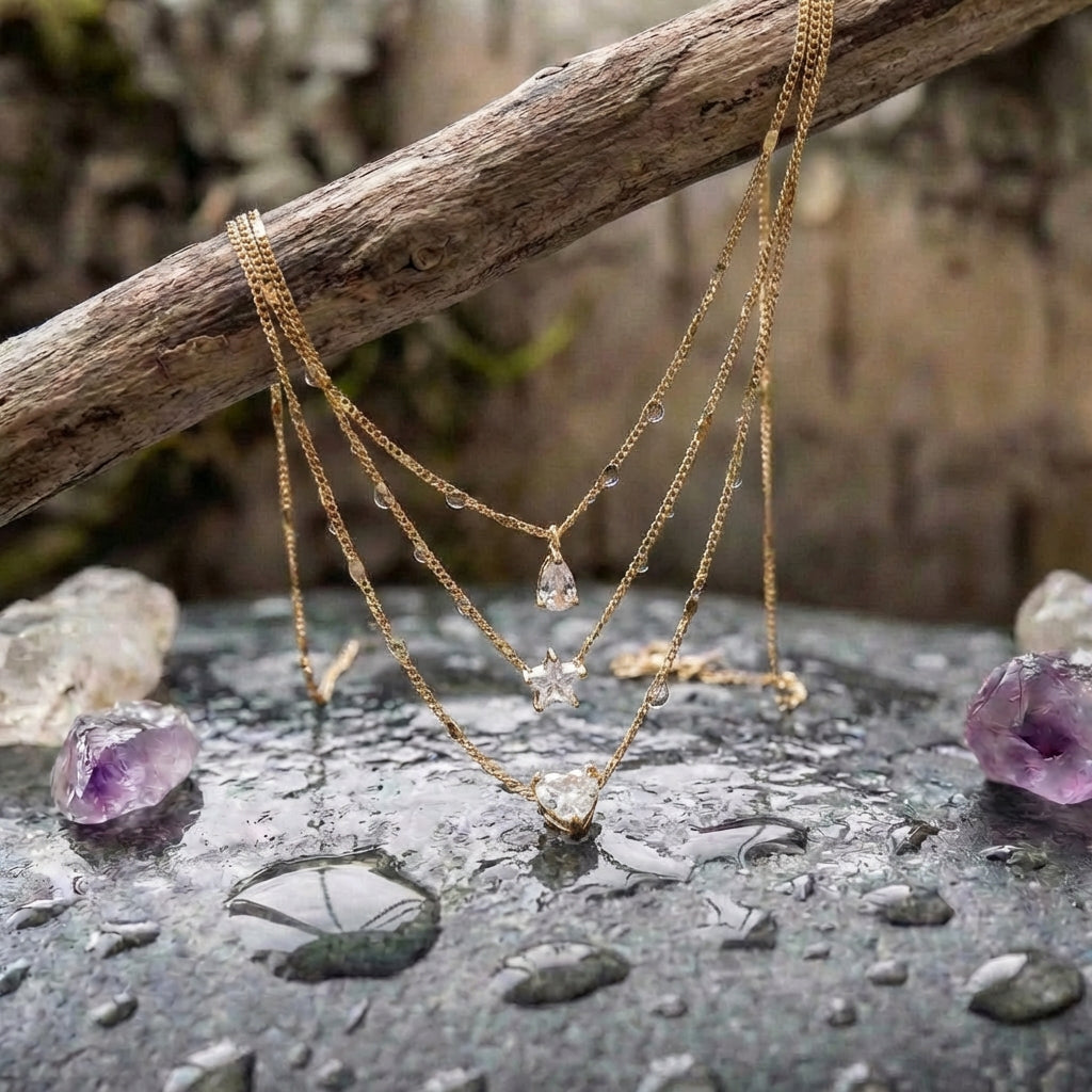 Three Pendant Necklace With Gold Zirconia