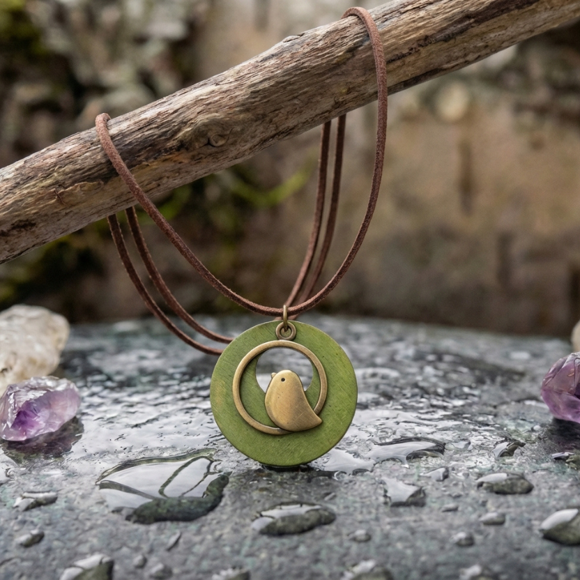 A Vintage Boho Green Wood Bird Pendant Long Necklace