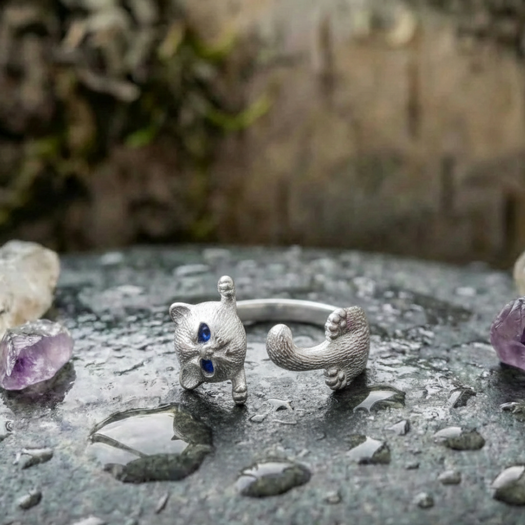 Adjustable 925 Sterling Silver Kitten Ring