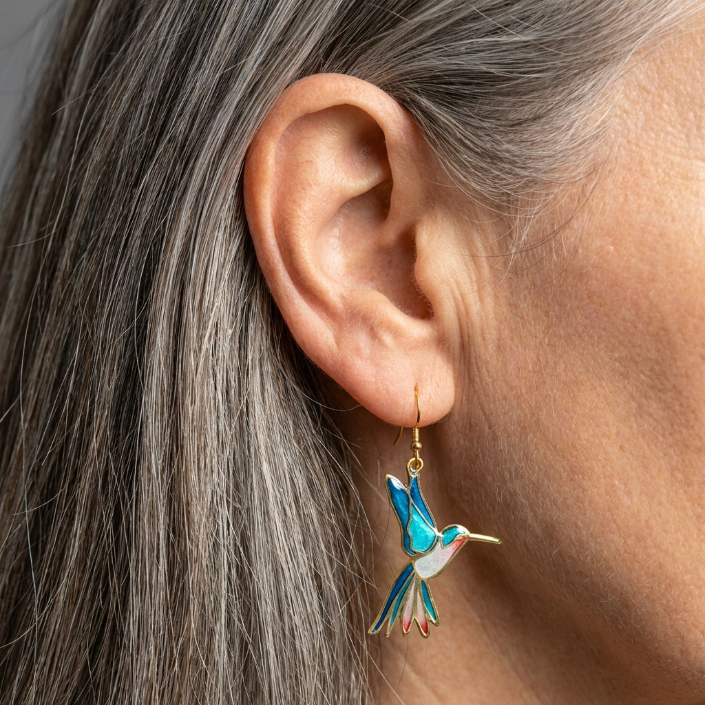 A Vintage Blue Enamel Hummingbird Earring Set