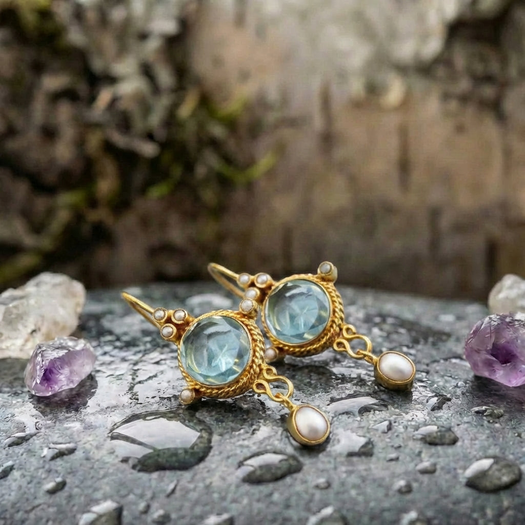 Vintage Blue Glass & Pearl Drop Earrings