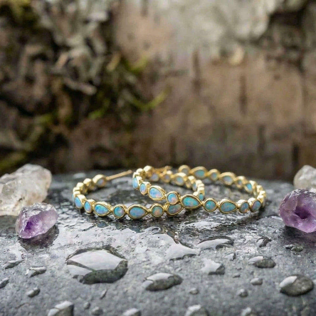 A Vintage Blue Opal Gold Earring Set