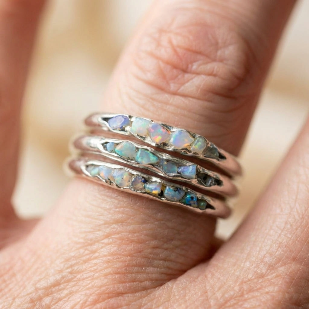 A Vintage Boho Rustic Silver Opal Band Ring