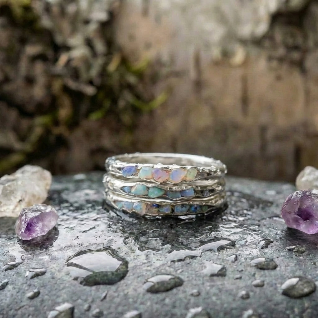 A Vintage Boho Rustic Silver Opal Band Ring