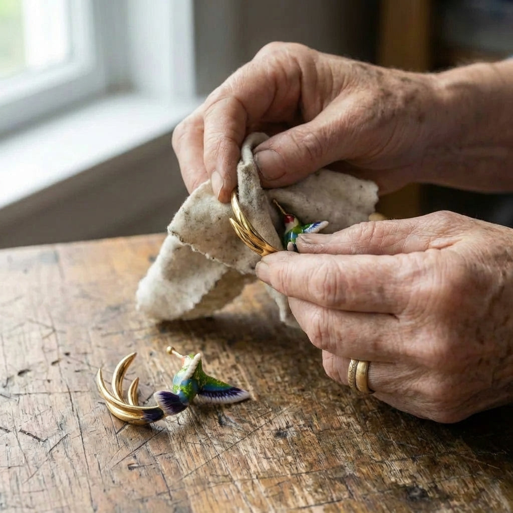A Vintage Enamel Hummingbird Hoop Earring Set