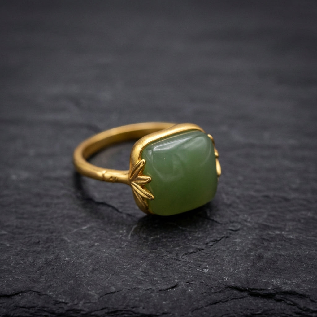 Vintage Gold Green Jade Adjustable Ring