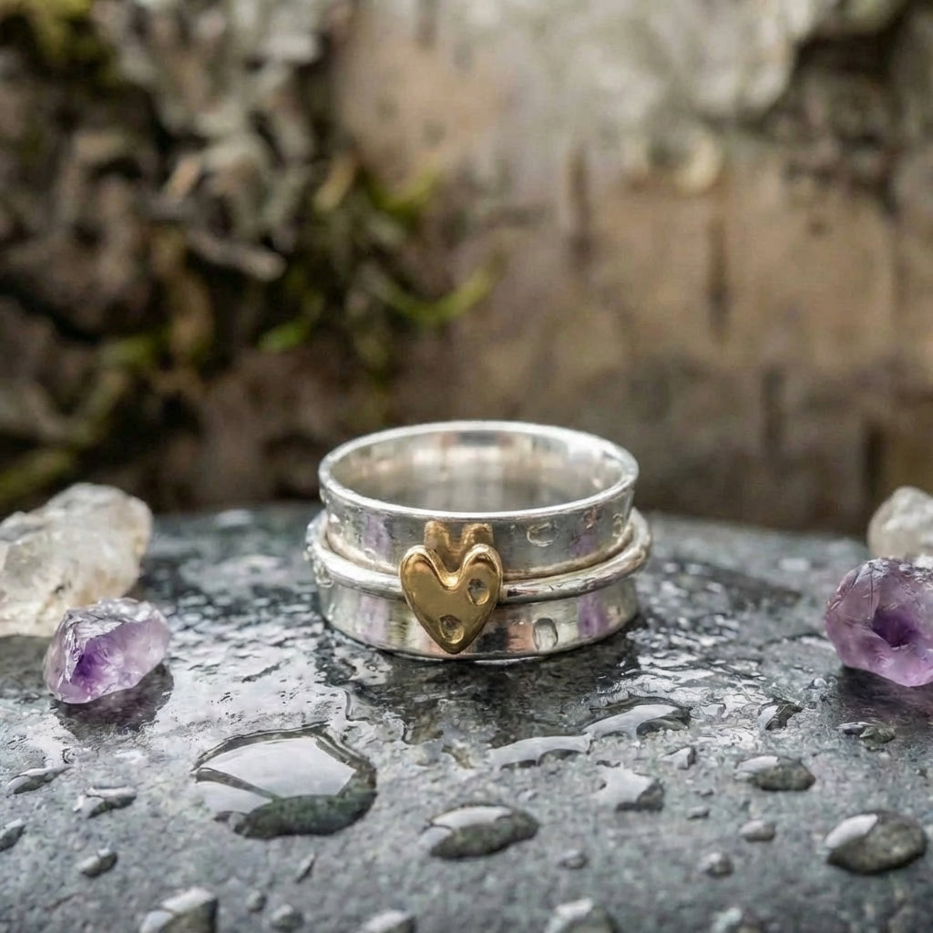 A Vintage Golden Heart Silver Ring