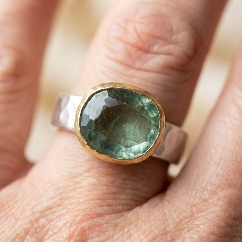 A Vintage Green Glass Gold & Silver Forged Ring