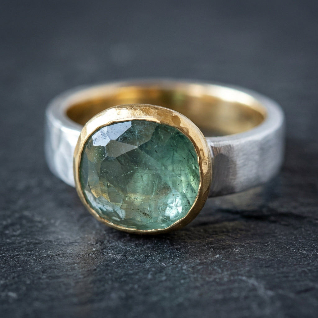 Vintage Green Glass Gold & Silver Forged Ring